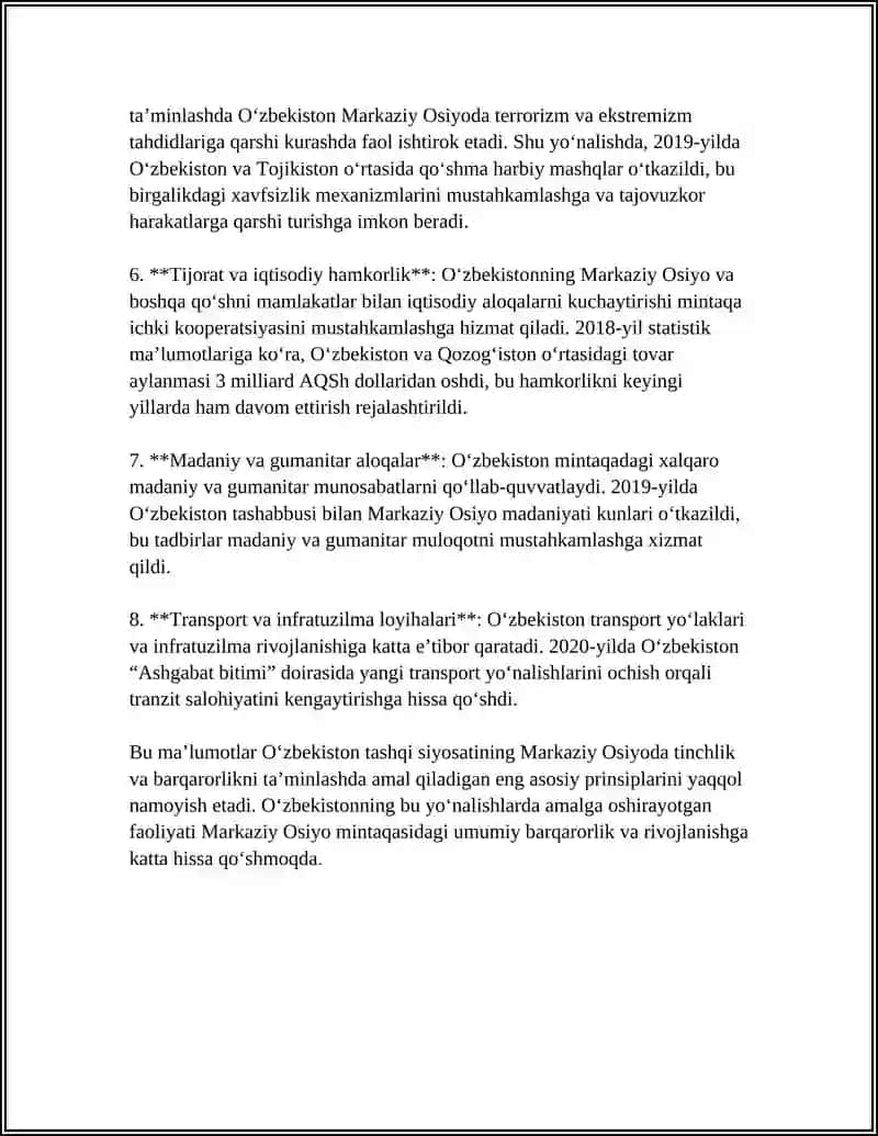 OʻZBEKISTONNING MARKAZIY OSIYODA TINCHLIK VA BARQARORLIKNI TAMINLASHDAGI O'RNI MAVZUSIDA REFARAT TAYYORLASH 4