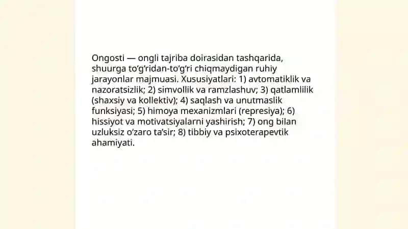 Ong va ongosti konsepsiyalari.Ongning xossalari 4
