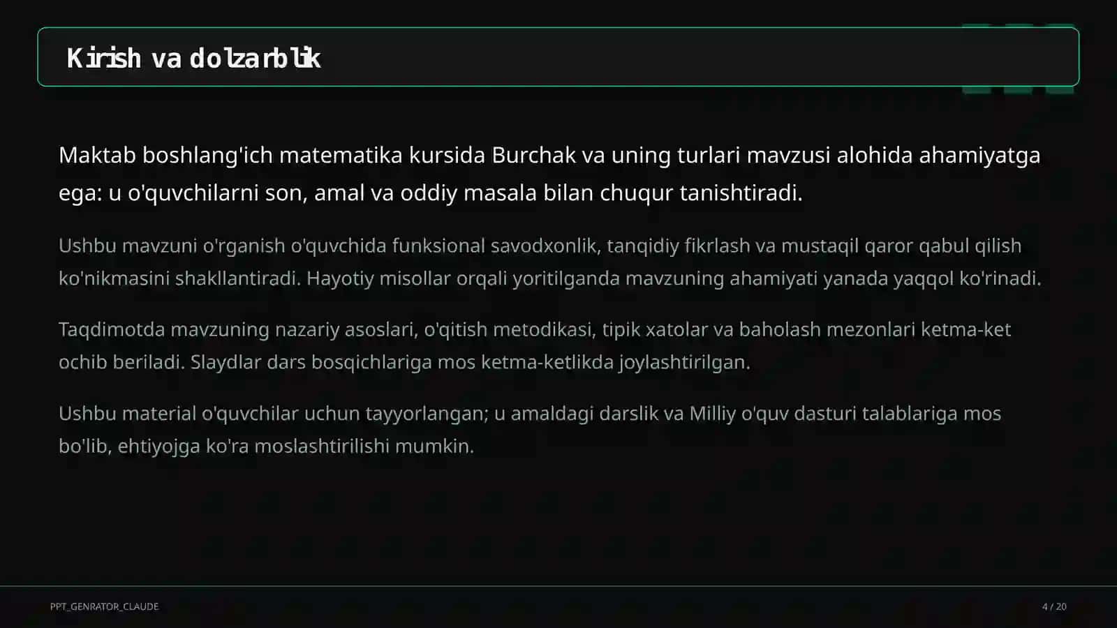 Burchak va uning turlari (4-sinf) 4
