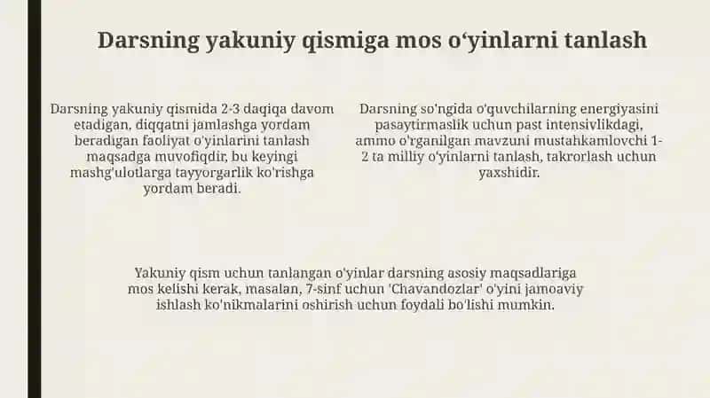 Milliy va harakatli o'yinlarni darsini yaxuniy qismi g'am oshol dan tashlash va tahlil qilish 4