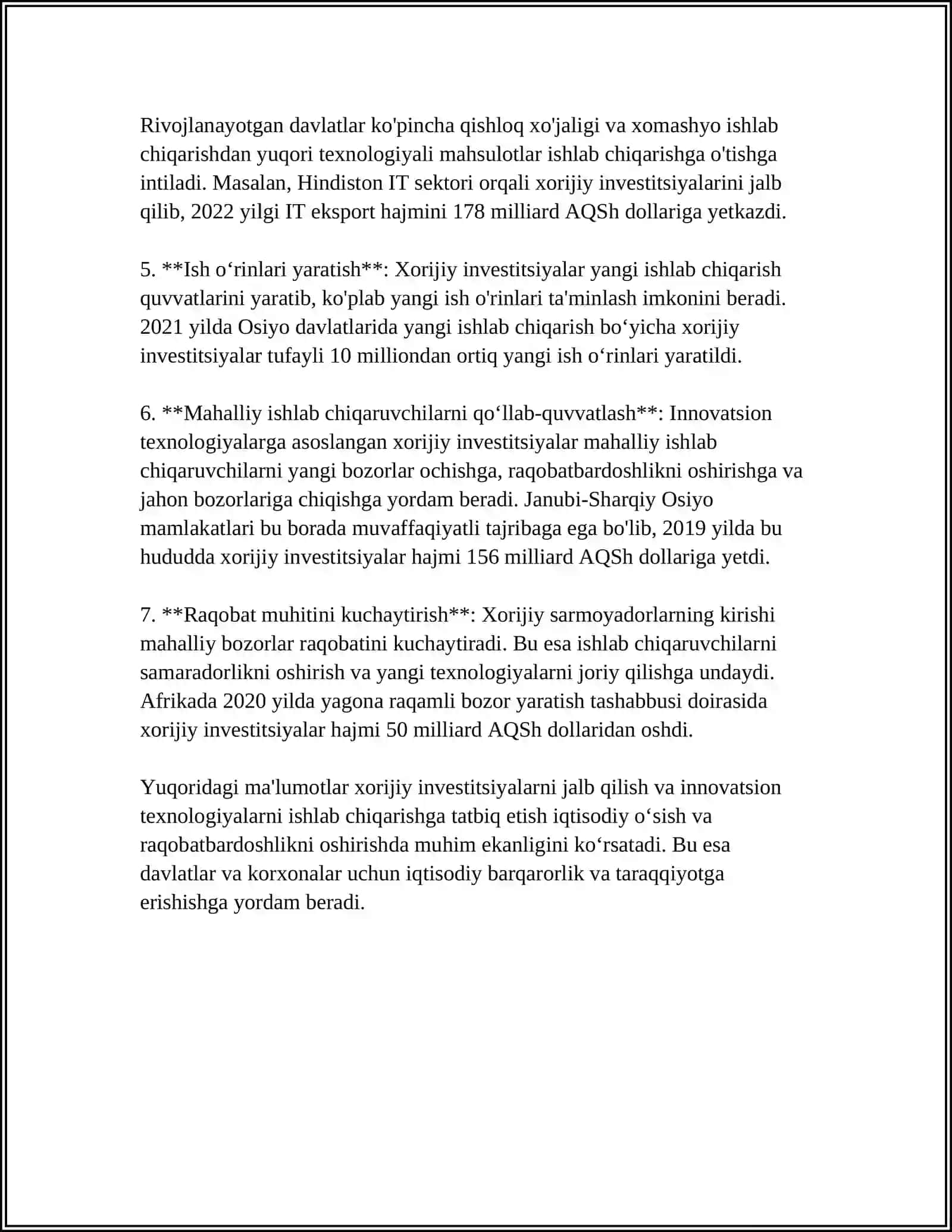 INNOVATSION TEXNOLOGIYALAR ASOSIDA ISHLAB CHIQARISH FAOLIYATI TIKLASHDA XORIJ INVESTITSIYASINI ORNI 4