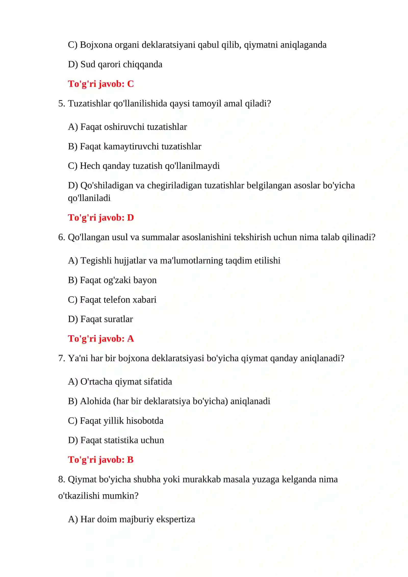BOJXONA QIYMATI TESTLARI 4