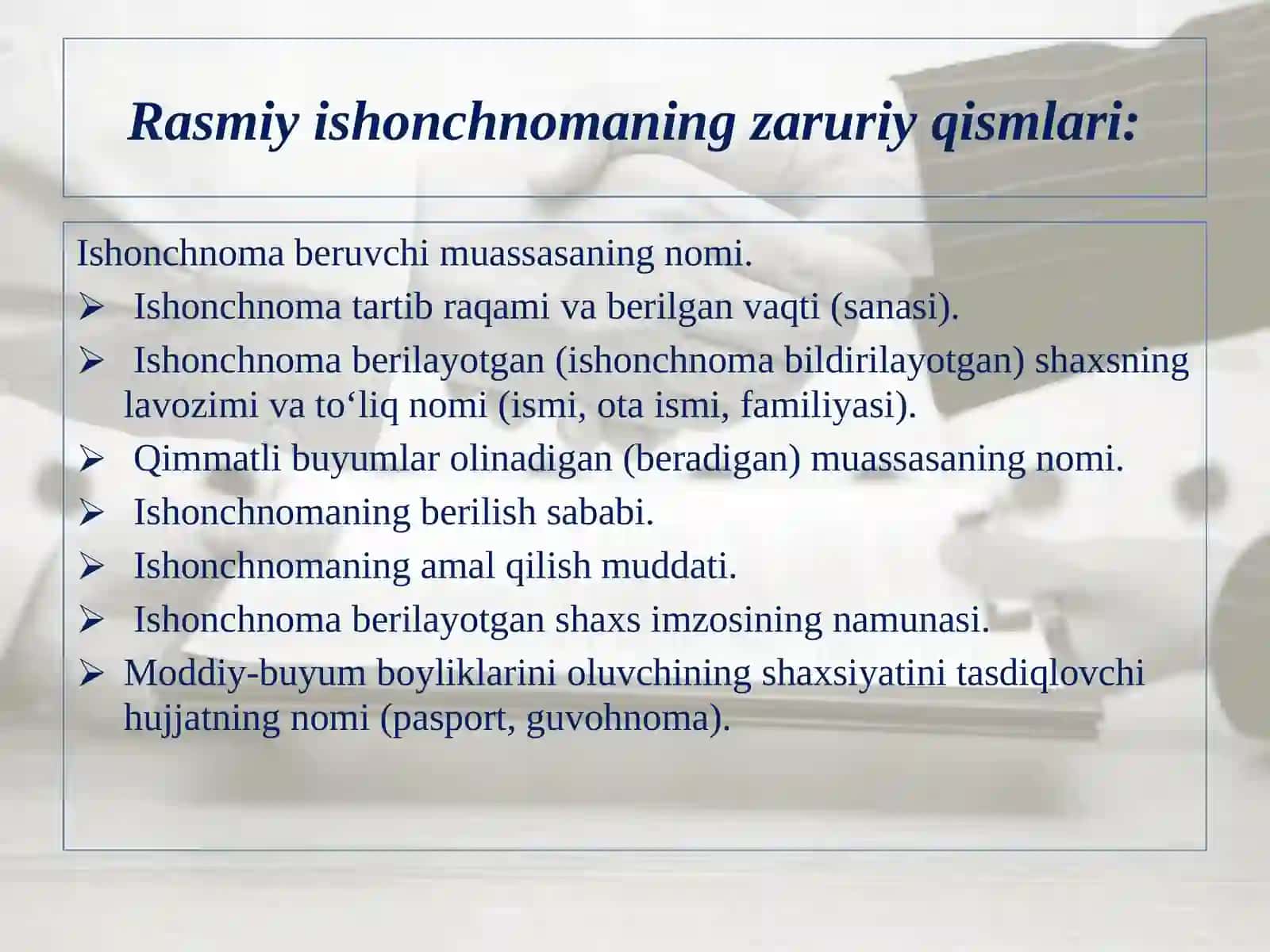 MA’LUMOT-AXBOROT HUJJATLARI:ISHONCHNOMA,TILXAT,TUSHUNTIRISH XATI 4