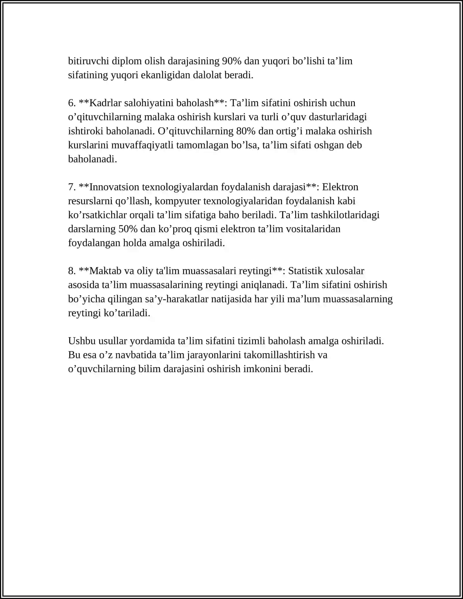MODUL BOʻYICHA OʻZLASHTIRISH SIFATINI BAHOLASH VA OʻQUV JARAYONINI REJALASHTIRISH, MONITORING OLIB BORISH VA TA’LIM SIFATINI TA’MINLASH, TALABALAR BILIMINI BAHOLASH VA NAZORAT QILISH 4