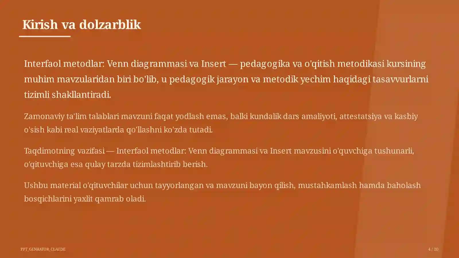 Interfaol metodlar: Venn diagrammasi va Insert 4