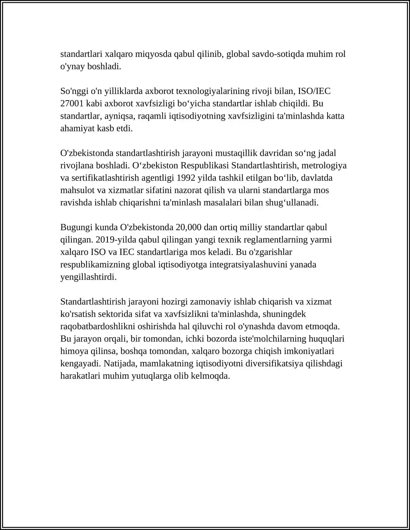 MUSTAQIL ISH Mavzu: STANDARTLASHTIRISH VA ULARNING XALQ XO'JALIGIDAGI AHAMIYATI 4