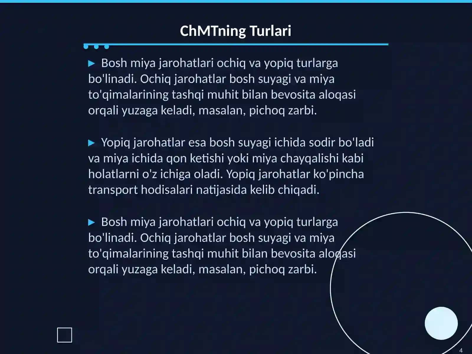 Neyroxirurgik shoshilinchlar: bosh miya jaroxati (ChMT) va birinchi yordam 4