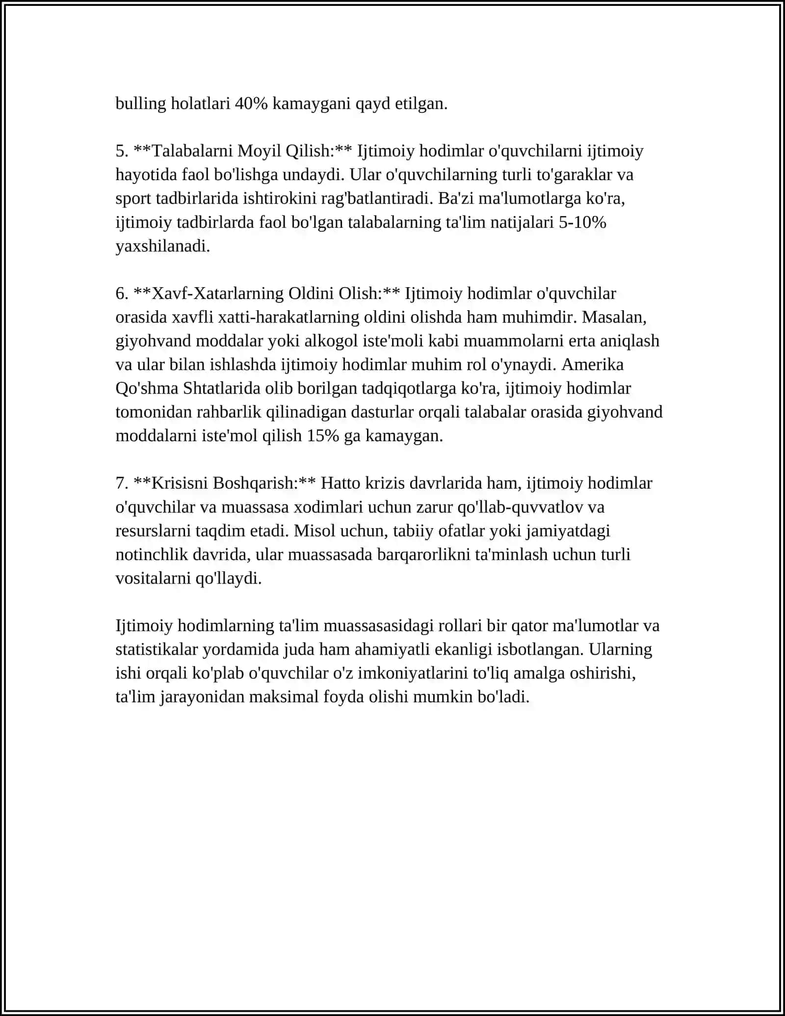 IJTIMOIY HODIM VA IJTIMOIY PEDAGOGNING TA'LIM MUASSASASIDA BOLALARNING MUVAFFAQIYATLI ADAPTATSIYASIGA QARATILGAN FAOLIYAT 4