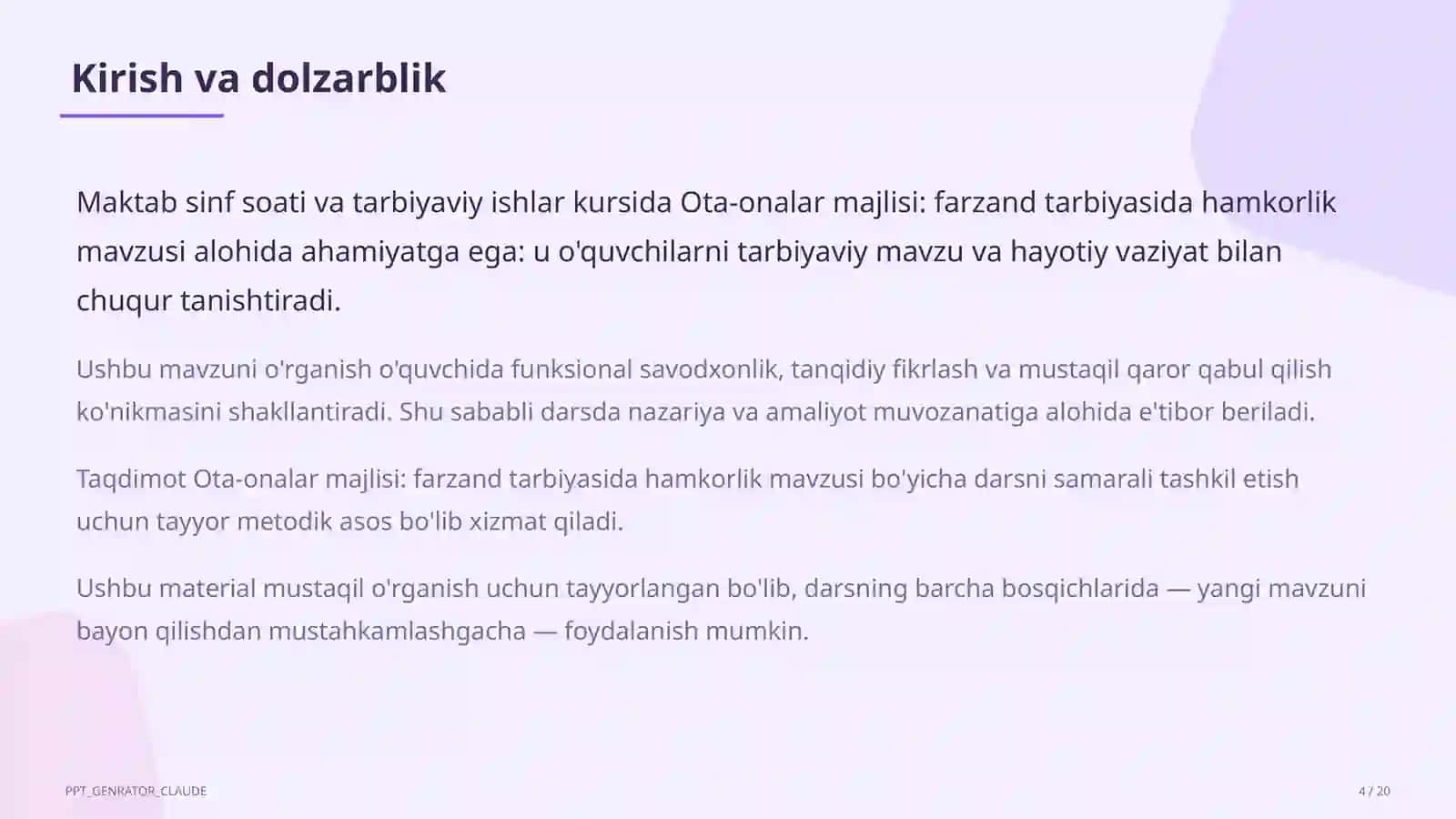 Sinf soati va tarbiyaviy tadbirlar (1–11) 4