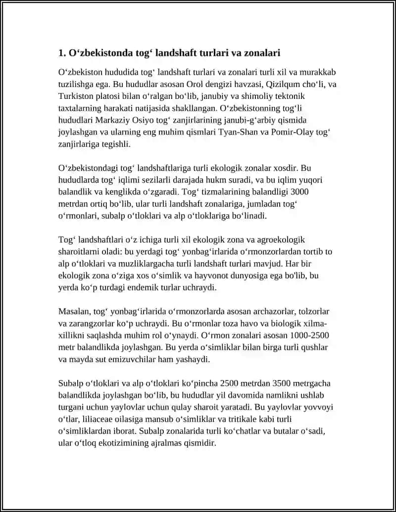 OʻZBEKISTONDA TOGʻ VA YAYLOV MINTAQASI LANDSHAFTLARI VA ULARDA TIRIK ORGANIZMLAR 4