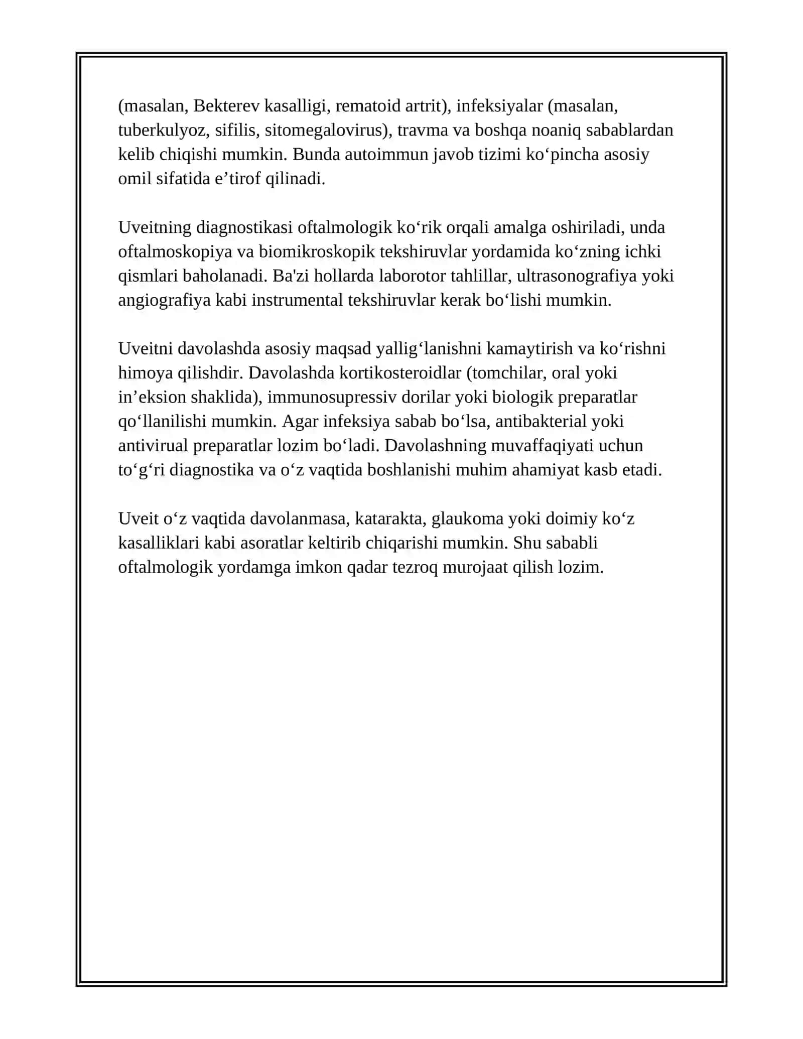 UVEIT. KATARAKTA. RETINOPATIYALAR. TO‘R PARDA O‘SMALARI. KO‘RUV NERV PATOLOGIYALARI 4