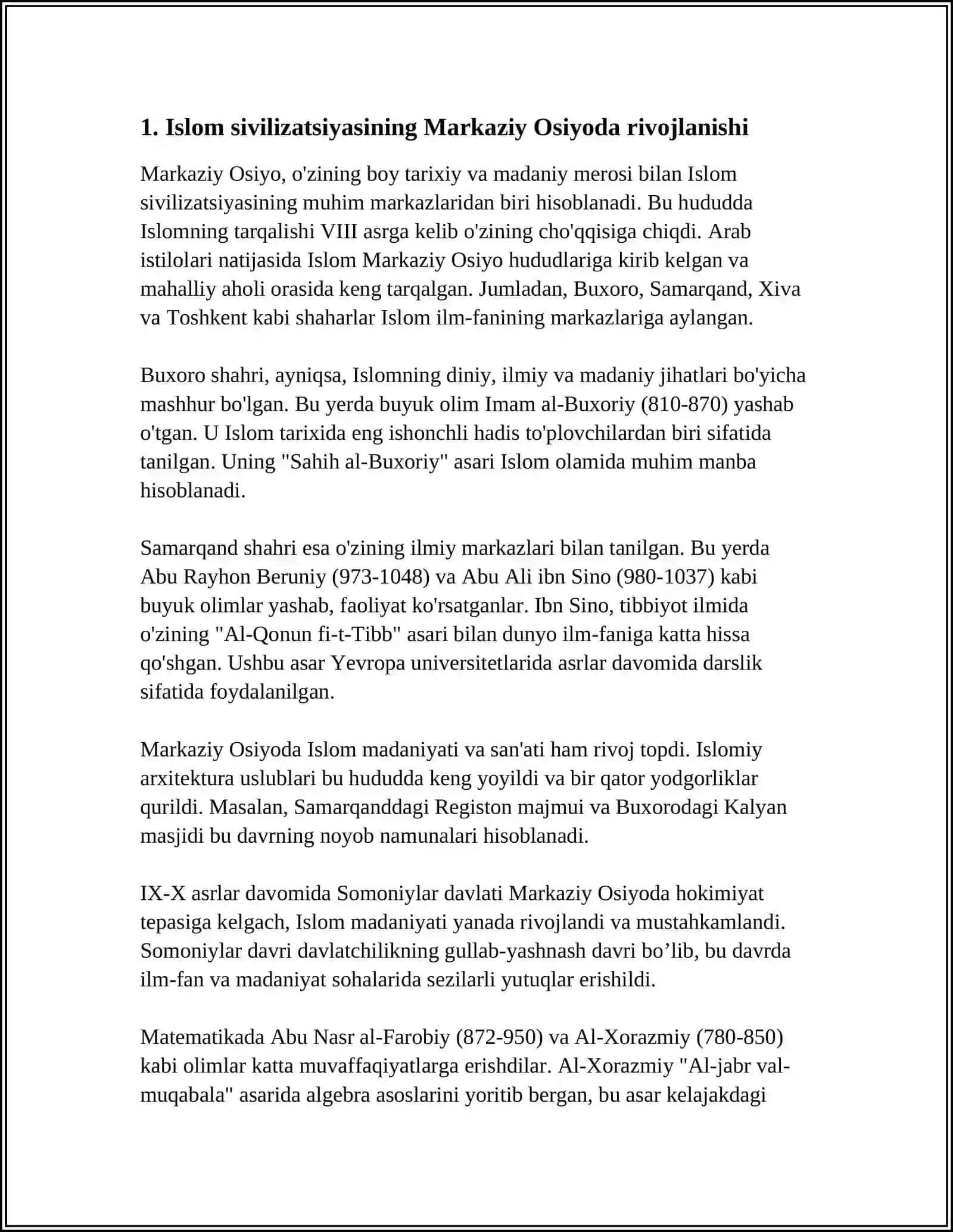 TOʻQQIZINCHI OʻN IKKINCHI ASRLARDA MAMLAKATIMIZ HUDUDIDA ROʻY BERGAN MADANIY UYGʻONISH.BUYUK ALLOMALARNING JAHON SIVILIZATSIYASIGA QOʻSHGAN HISSASI 4