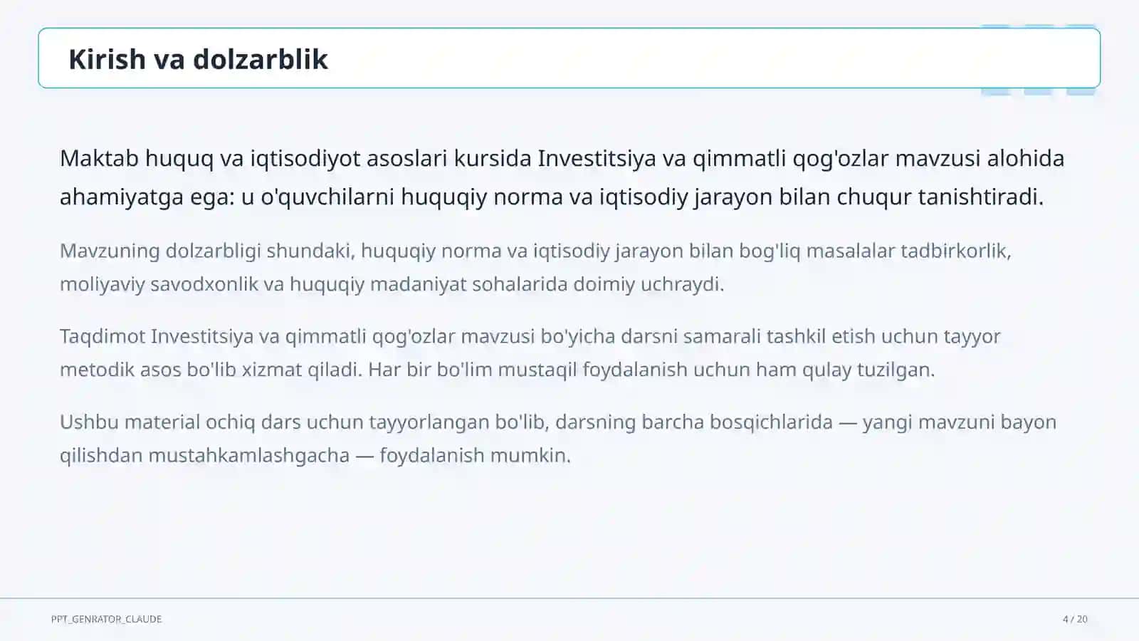 Huquq va iqtisodiyot asoslari (9–11) — ochiq dars uchun 4
