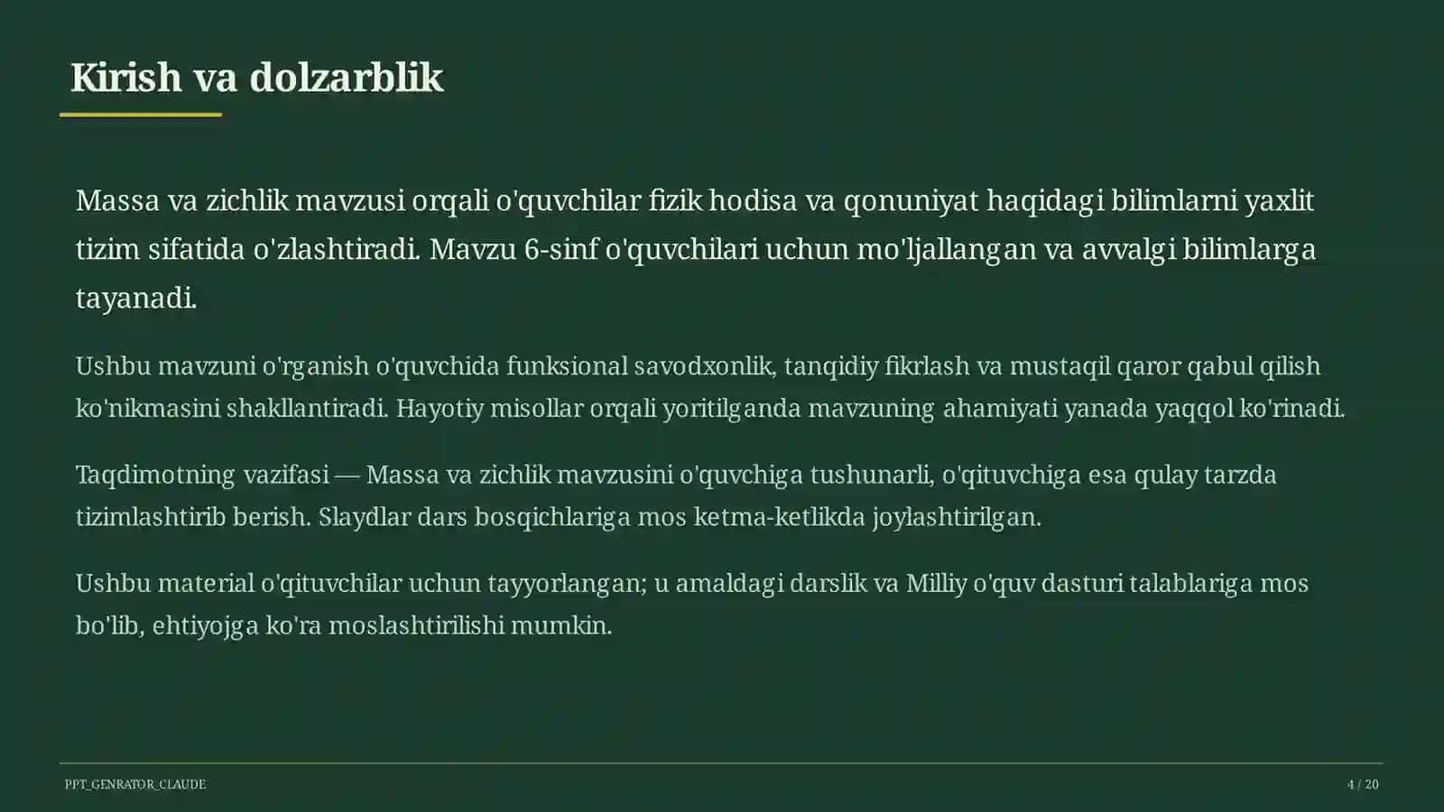 Massa va zichlik (6-sinf) Fizika (6– 11) — o'qituvchilar uchun 4