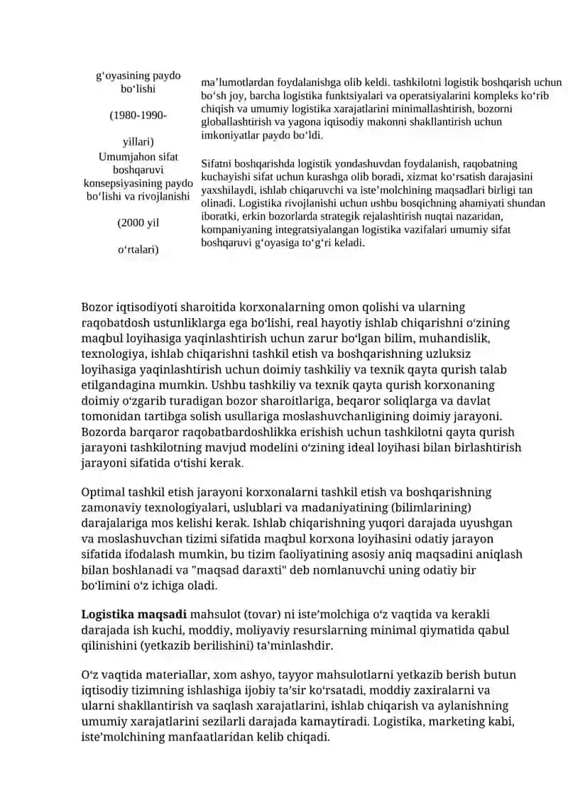 LOGISTIKA FANINING MOHIYATI, MAQSADI VAZIFALARI. LOGISTIKA TIZIMINING ZAMONAVIY KONTSEPTSIYASI 4