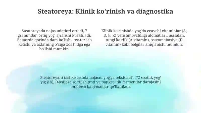 Surunkali gepatitlar. Xolesistitlarda yog'lar hazmlanishini buzilishi(steatoreya) 4
