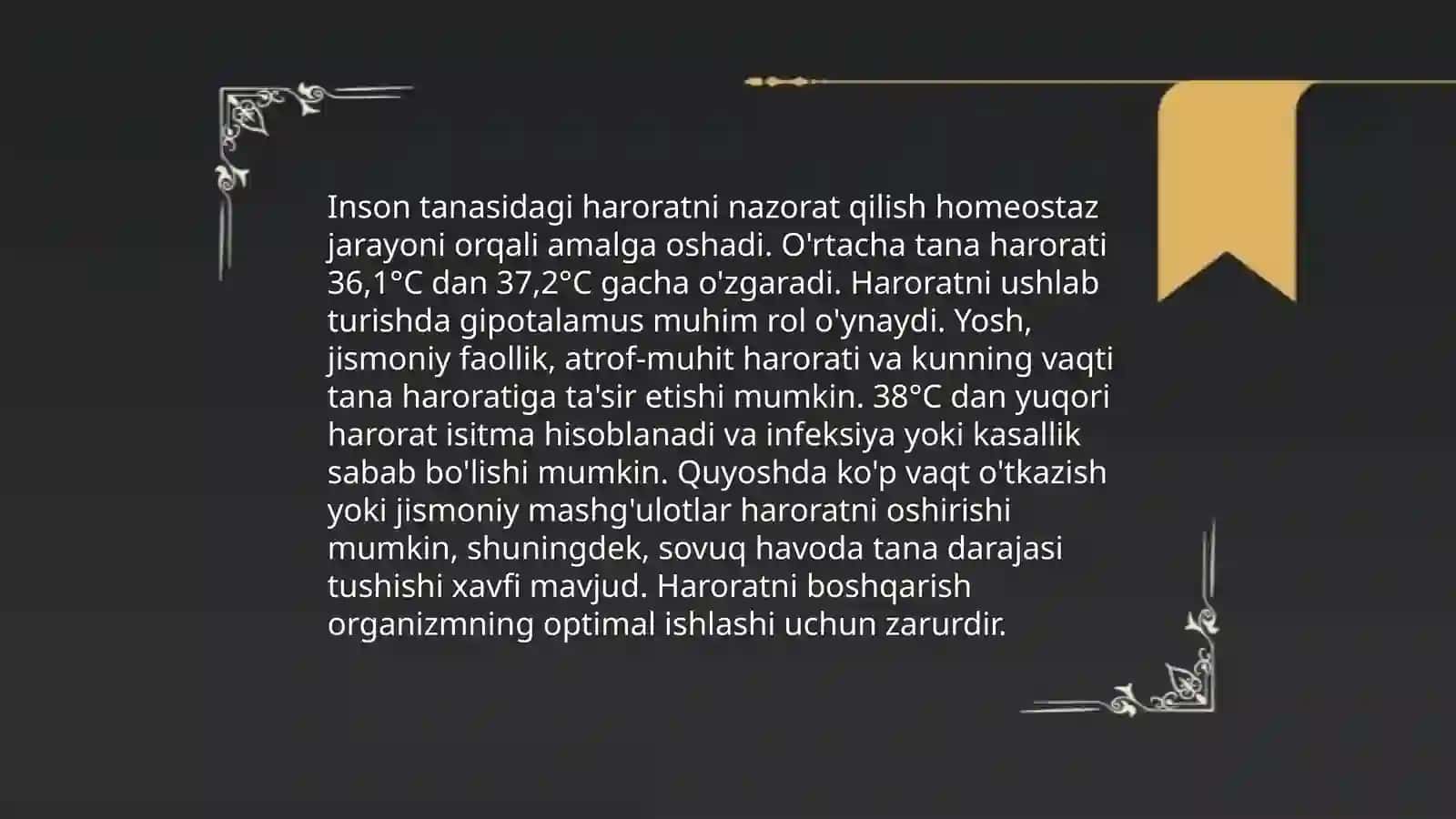 Isitma. Haroratning o'izgarkshlari Antropometriya.Palpatsiya ob‘ektiv tekshirish usuli sifauda, Limfa tugunlari va qalqonsimon bez palpatsiyasi. Perkussiya - ob‘ektiv tekshirish usuli sifatida 4