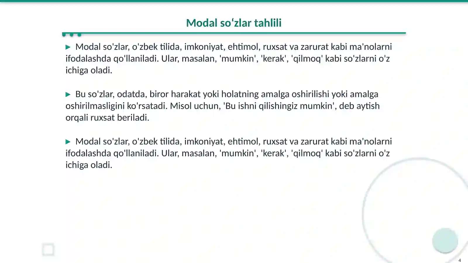 Alohida guruh soʻzlar. Modal soʻzlar 4