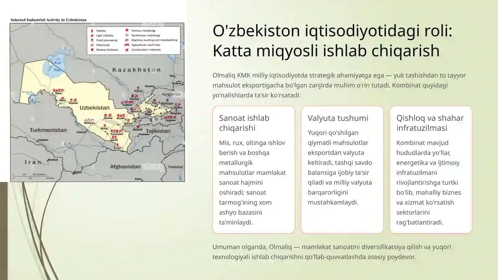 O'zbekistonda Olmaliq kon‑metallurgiya kombinatining o'rnivaahamiyati 4