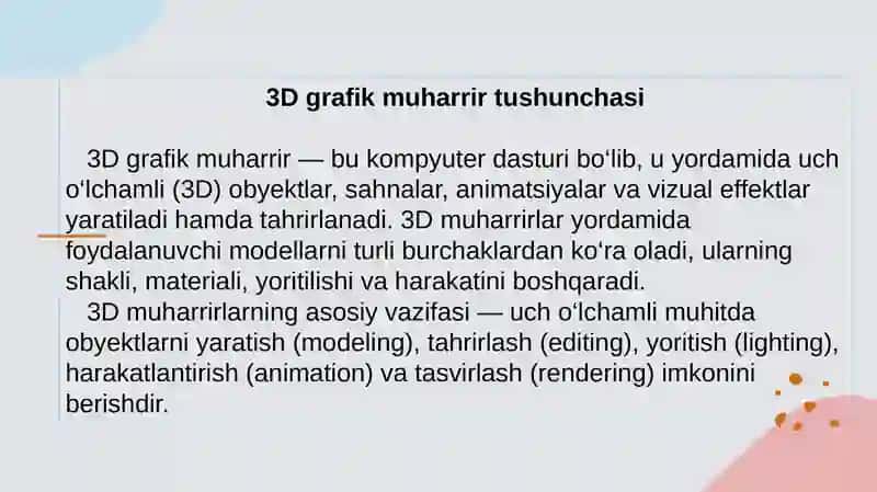 3D grafik muharrirda 3D modelni tahrirlash. Mesh ob’yektlar. 4