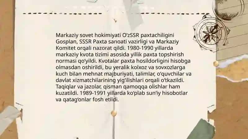 Oʻzbekistondagi 80- 90yillardagi ijtimoiy siyosiy vaziyat paxta yakka hokimligi va qatagʻonliklar 4