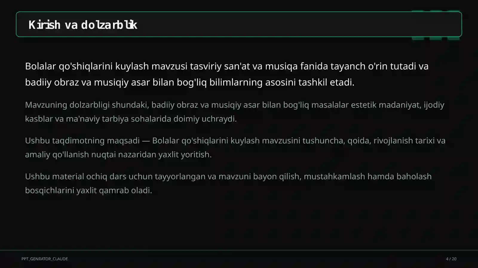 Tasviriy san'at va musiqa (1–7) — ochiq dars uchun 4