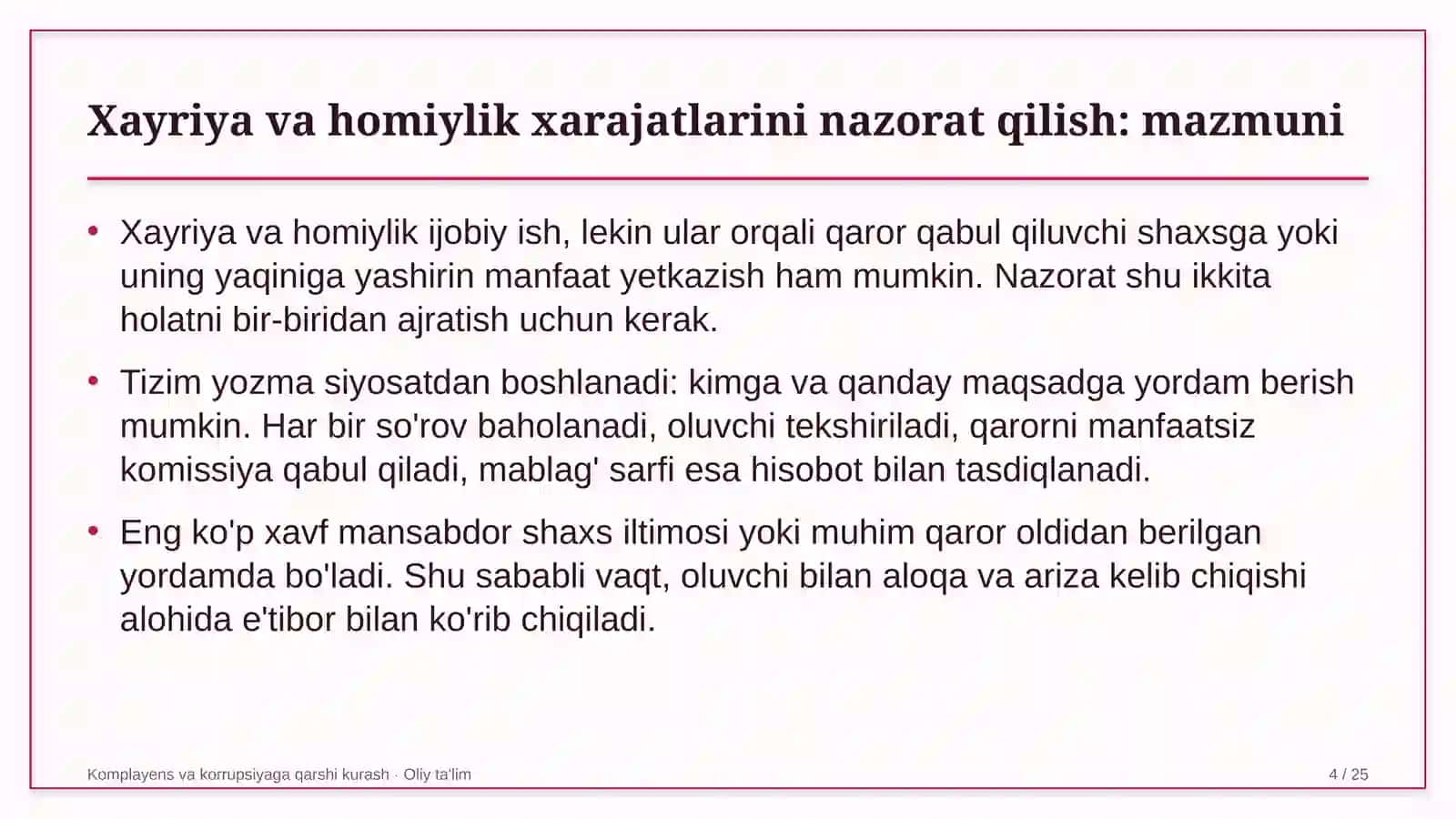 Komplayens va korrupsiyaga qarshi kurash · Oliy ta'lim 4