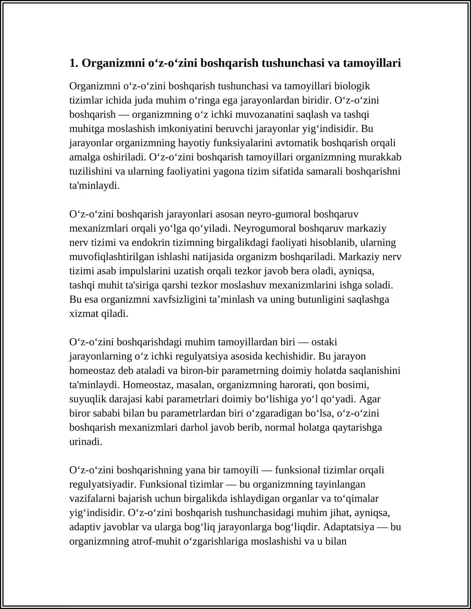 ORGANIZMNI O'Z -O'ZINI BOSHQARISH. FUNKSIONAL BOSHQARUV MEXANIZMLARI. GAMEOTAZ. ADAPTATSIYA 4