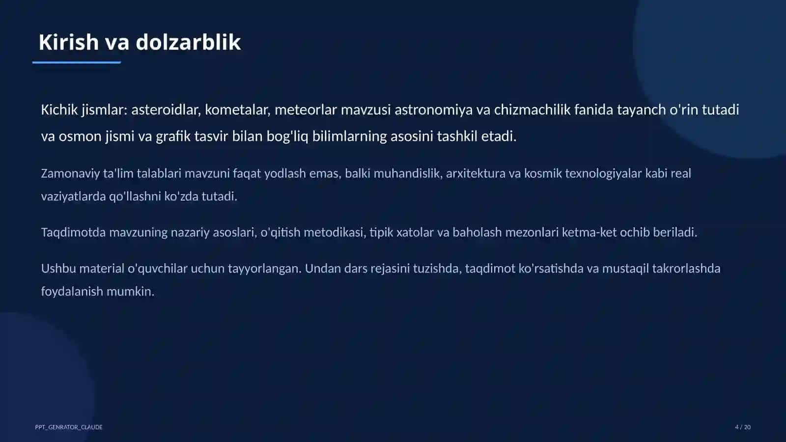 Astronomiya va chizmachilik (8–11) Dars rejasi 4