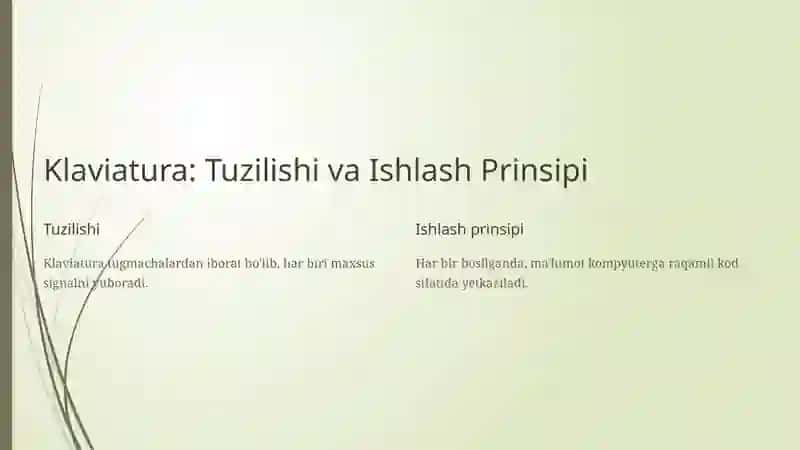 Klaviatura qurilmasi. Tugmachalar guruhlari va vazifalari. Xotira qurilmalari. Ularning turlari va vazifalari 4