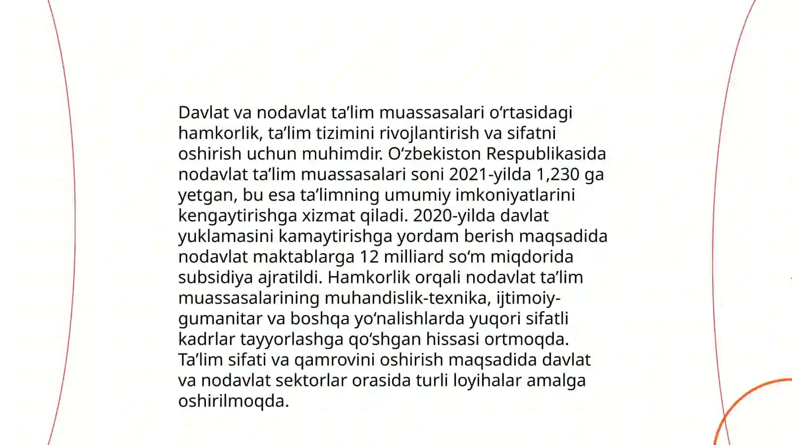 O’zbekiston Respublikasi nodavlat ta’lim (umumiy o’rta ta’lim misoldia) muassasalarning ta’lim sohasida tutgan o’rni Soipov Muhammaddiyor 4