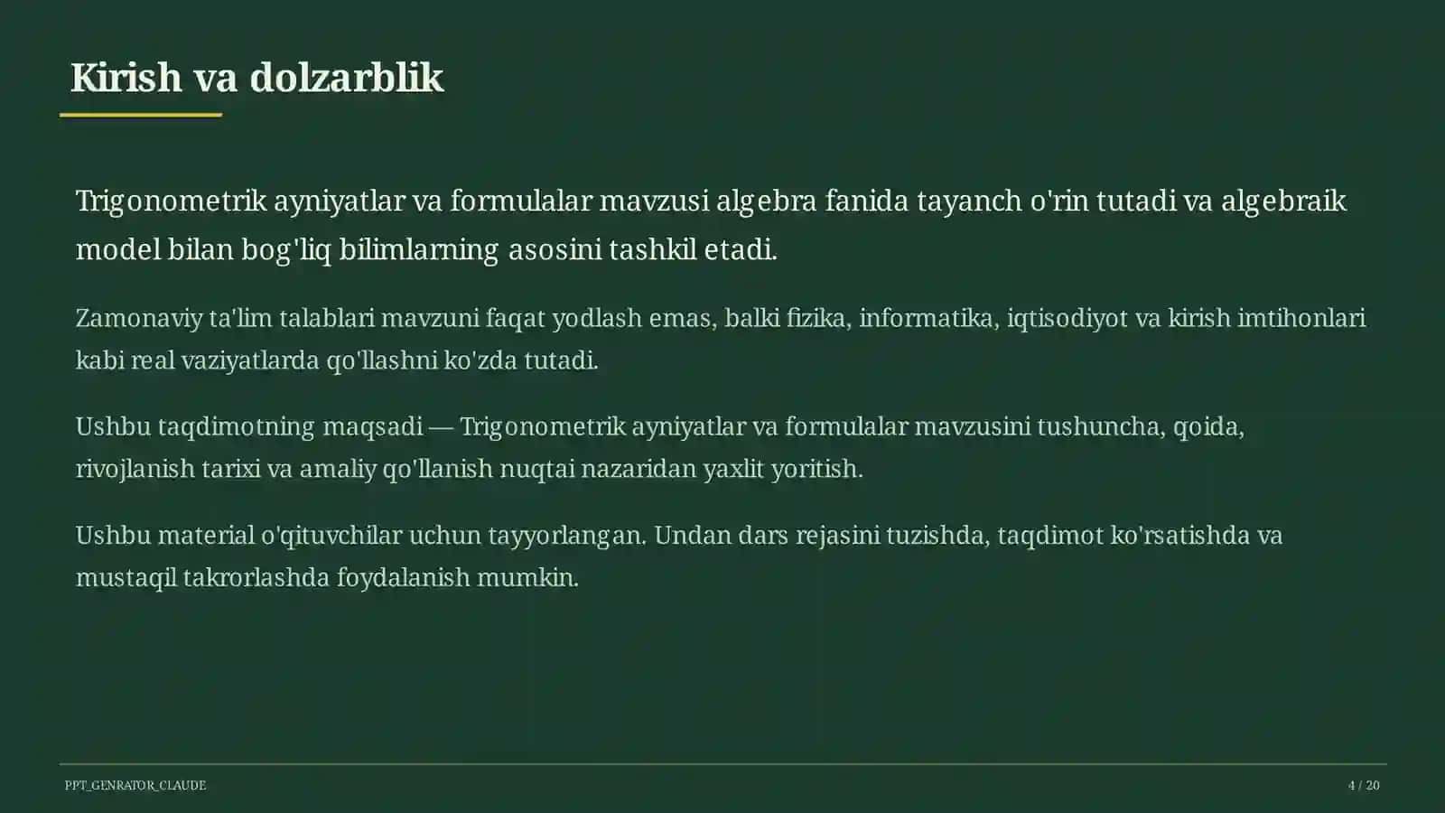 Trigonometrik ayniyatlar va formulalar (10-sinf) 4