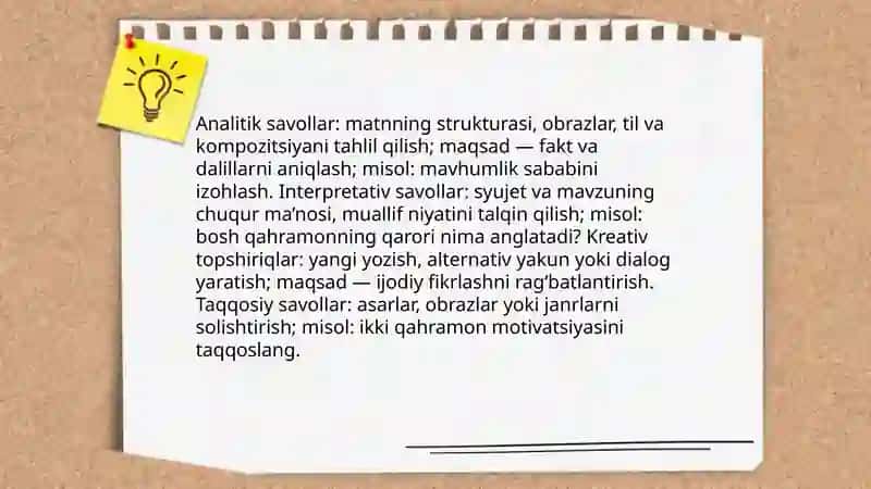 Badiiy tahlilga oid qo‘shimcha savol va topshiriqlari tizimini ishlash 4