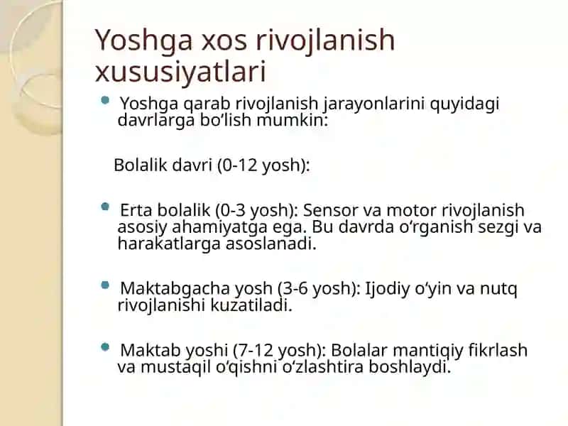 Rivojlanishning yoshga va individual xususiyatlarga oid tadqiqotlar tahlili 4