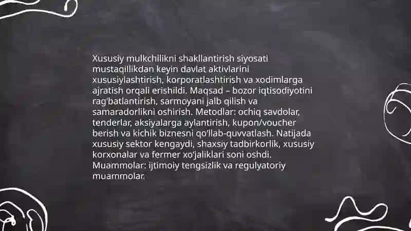 Iqtisodiy islohotlar, xususiy mulkchilikning shakllanishi, oʻzbekistonda bozor munosabatlarining rivojlanishi 4