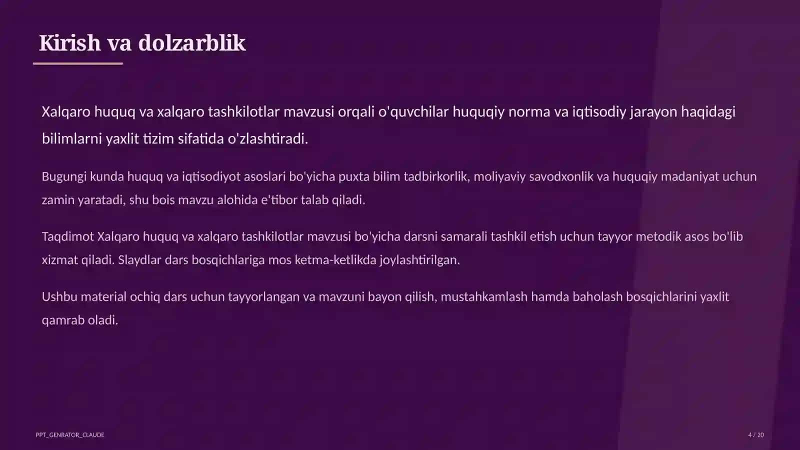 Huquq va iqtisodiyot asoslari (9–11) — ochiq dars uchun 4