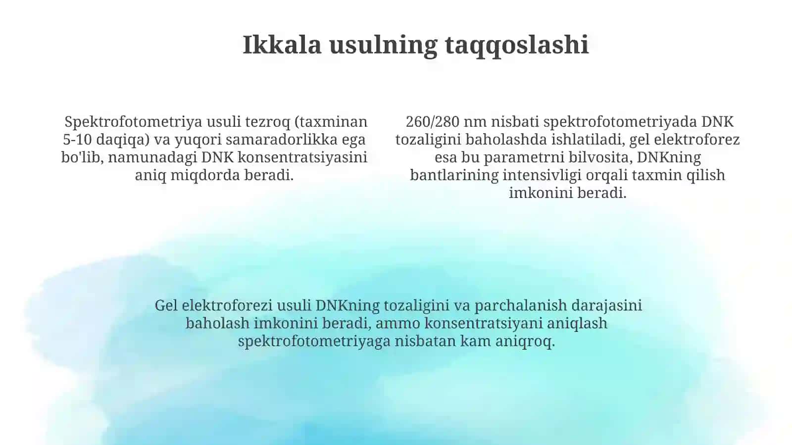 Genom DNK kontsentratsiyasini aniqlash (spektrofotometr va gel-elektroforez usullari yordamida) 4