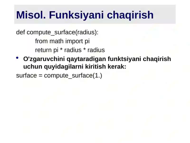 Pythonda tilida funksiya va protseduralar 4