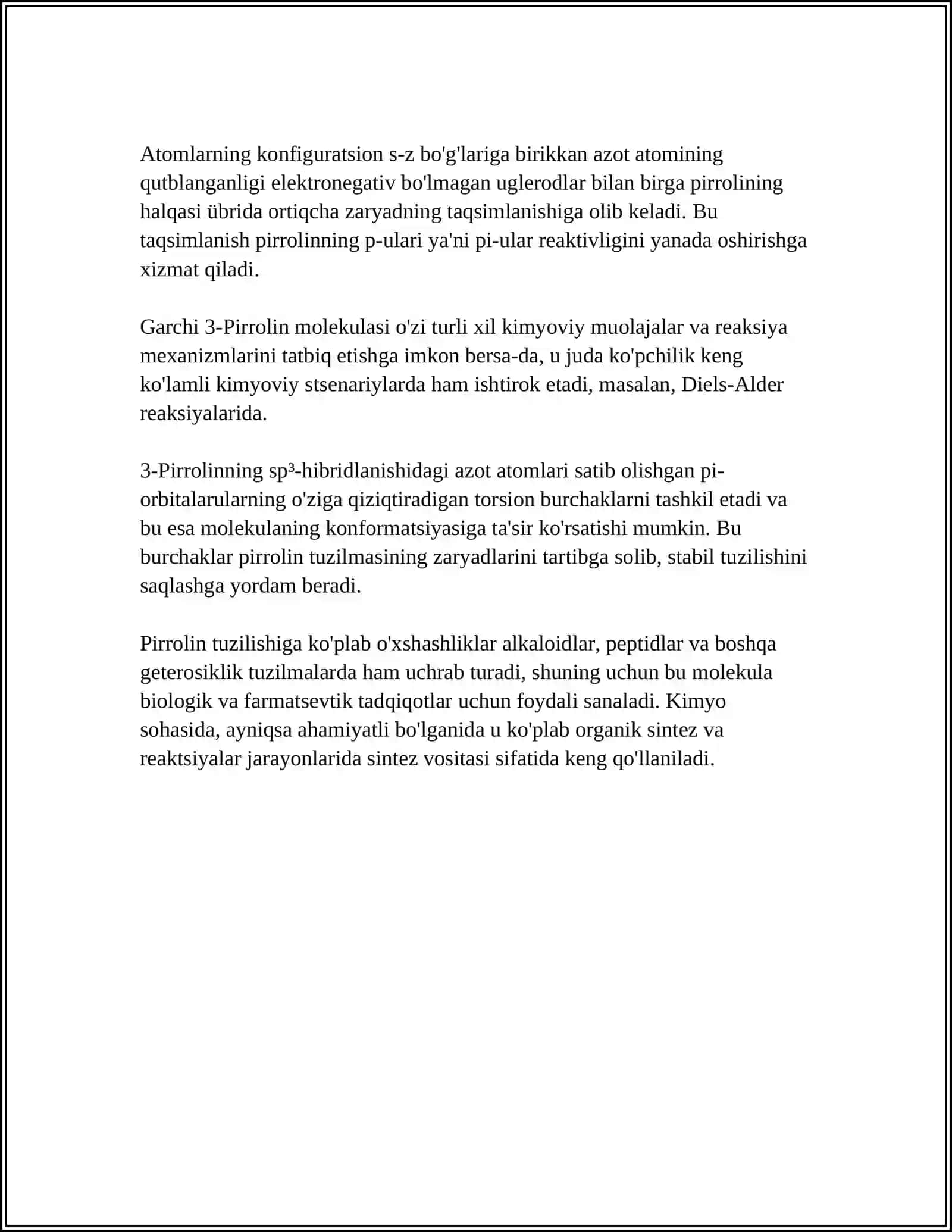3-Pirrolin va uning birikmalarini-molekula tuzilishi, olinishi, xossalari va ishlatilishi 4