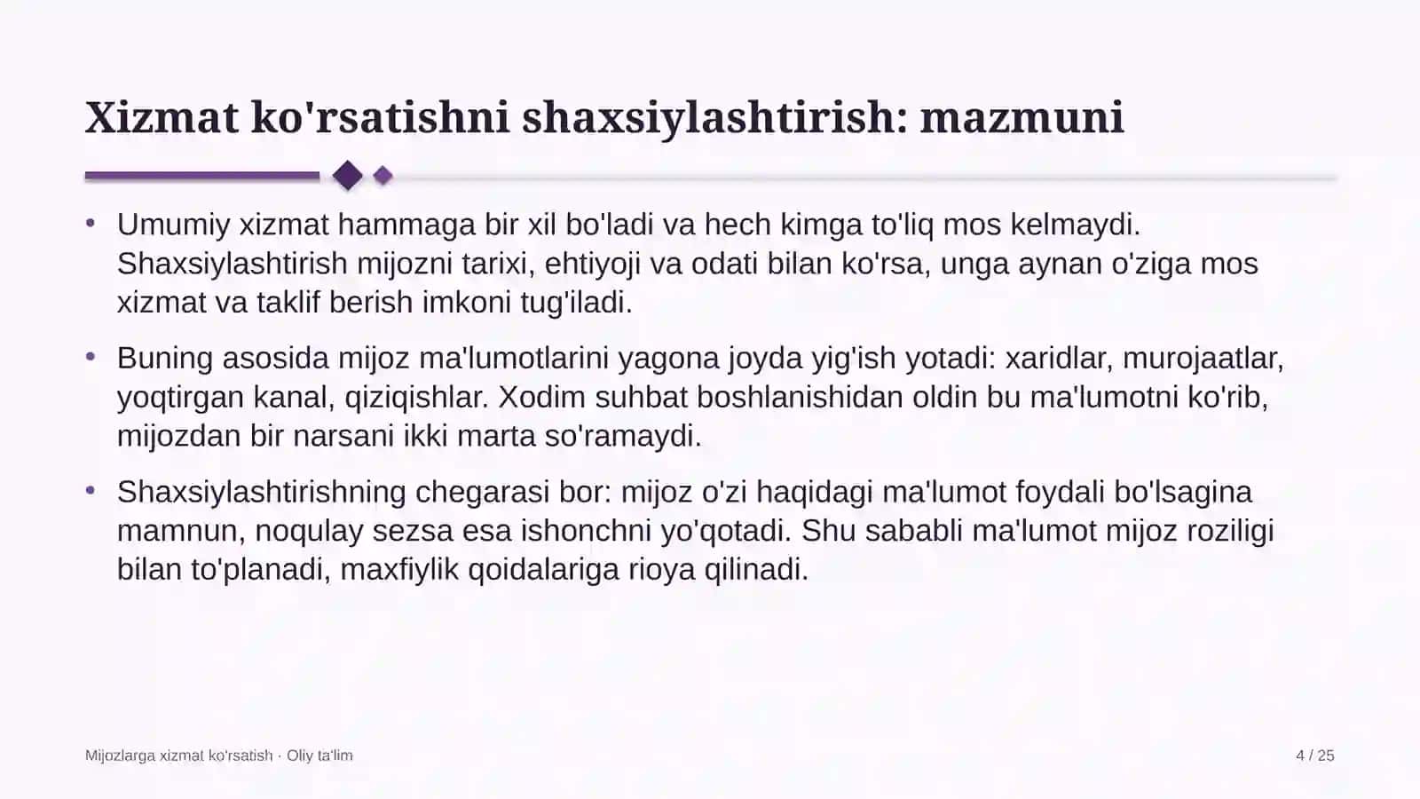 Mijozlarga xizmat ko'rsatish · Oliy ta'limg 4