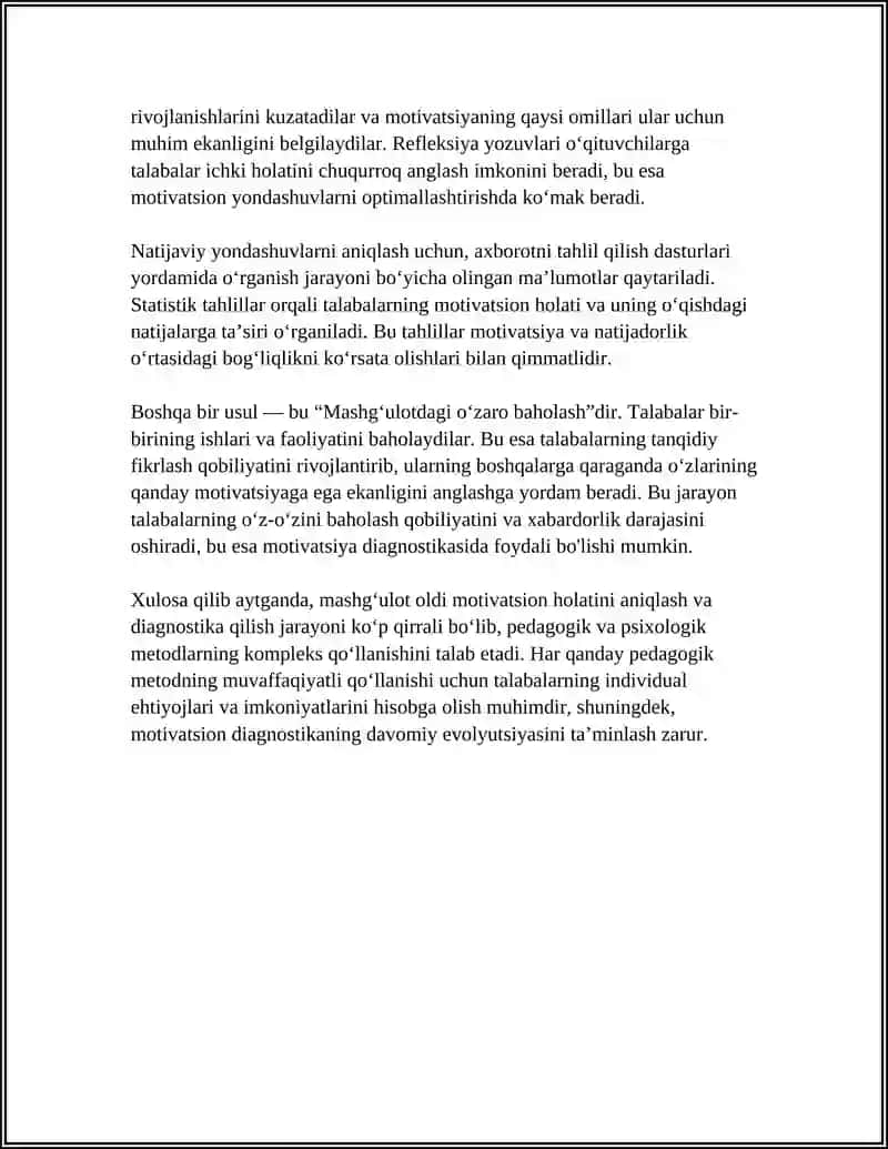 MASHĞULOT OLDI MASHĞULOT KEYINGI MOTIVATSION HOLATNI SHAKKLANTIRISHDAN PEDAGOGIK VA PSIXOLOGIK TA'SIR MEXANIZLARI QANDAY QOLLANILADI 4