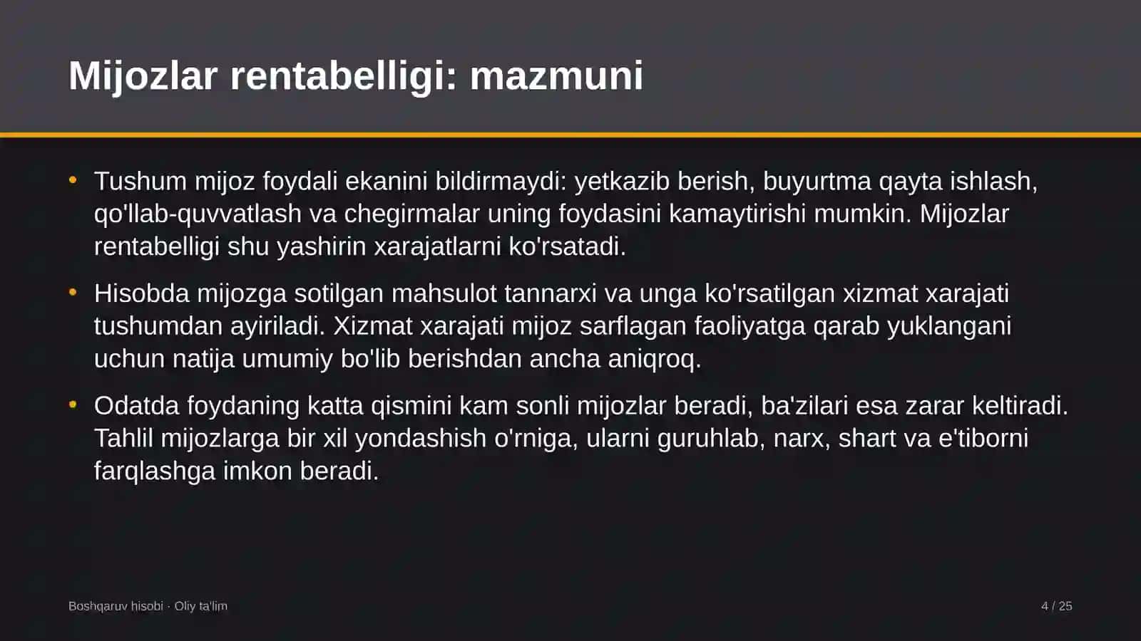 Diagnostika markazlarida mijozlar rentabelligini hisoblash 4