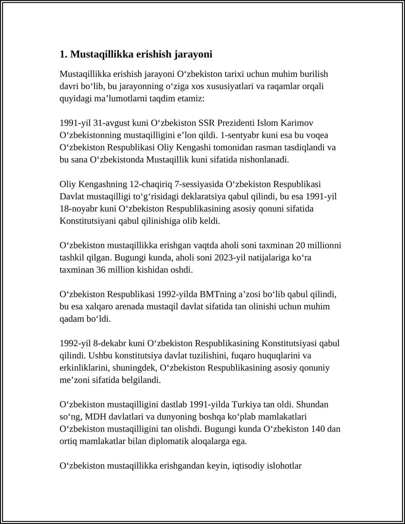 MUSTAQILLIKKA ERISHISH ARAFASIDA OʻZBEKISTONDAGI IJTIMOIY SIYOSIY JARAYONLAR OʻZBEKISTON RESPUBLIKASINING TASHKIL TOPISHI VA UNING TARIXIY AHAMIYATI OʻZBEKISTONNING OʻZIGA XOS ISTIQLOL VA TARAQQIYOT YOʻLI 4