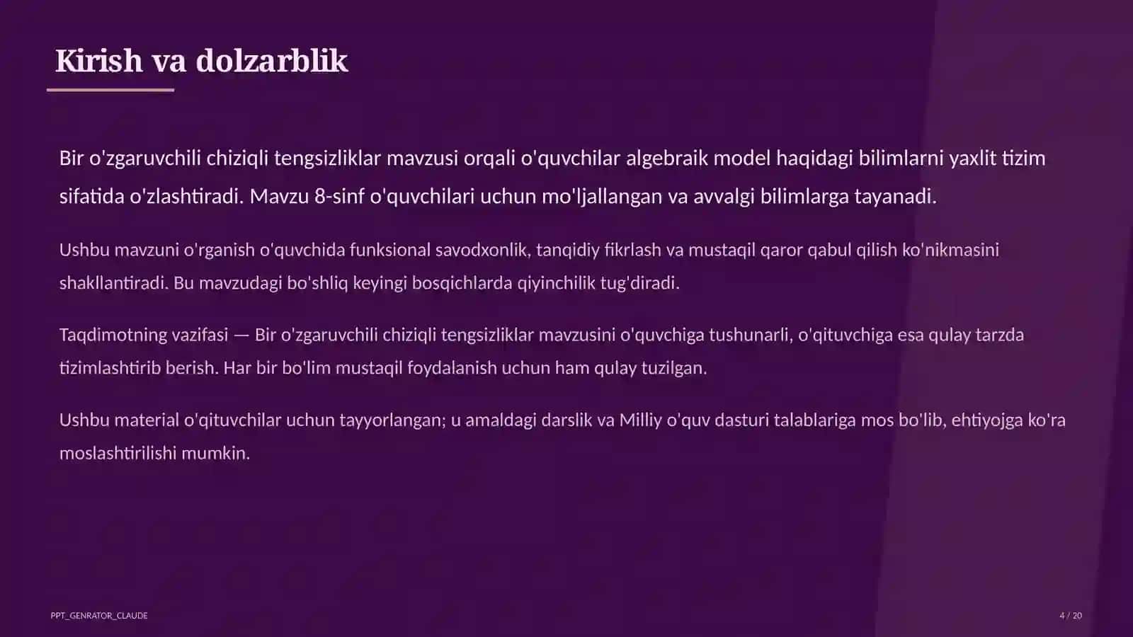 Algebra (7–11) — o'qituvchilar uchun 4