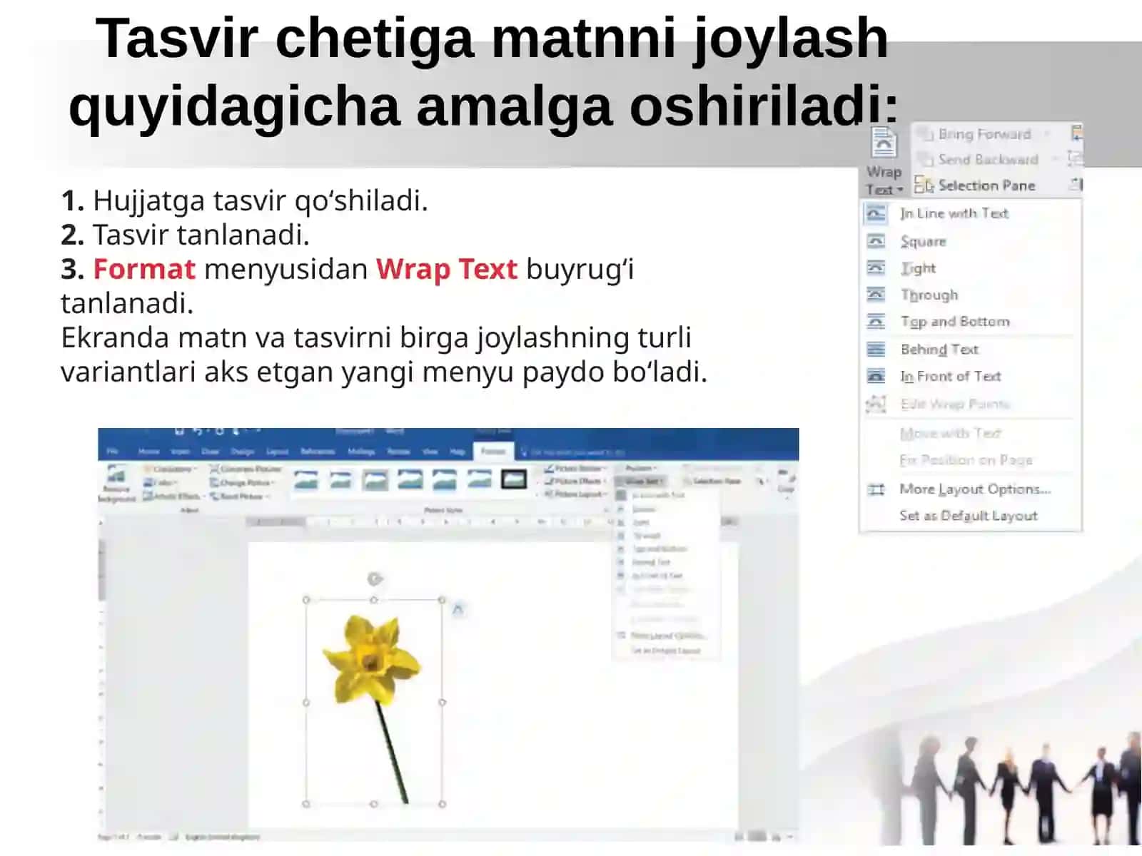 Wrap text sozlamalaridan foydalanish. Tasvirni qirqish va o‘lchamini o‘zgartirish. 4