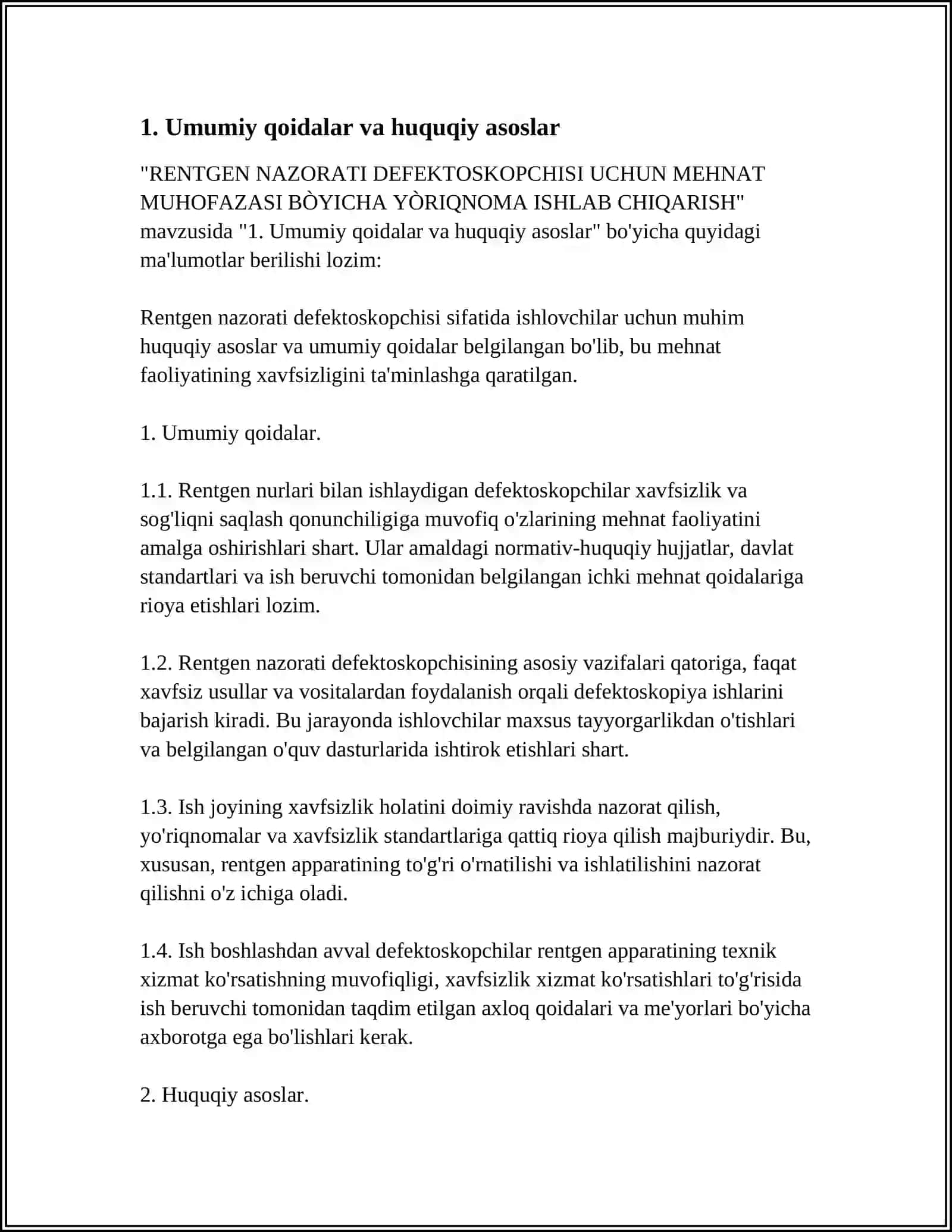 RENTGEN NAZORATI DEFEKTOSKOPCHISI UCHUN MEHNAT MUHOFAZASI BÒYICHA YÒRIQNOMA ISHLAB CHIQARISH 4
