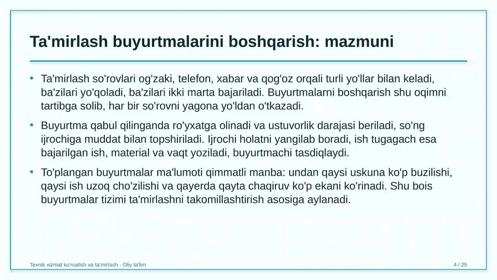 Ko'rgazma-yarmarkalarda ta'mirlash ishlariga buyurtmalarni boshqarish 4