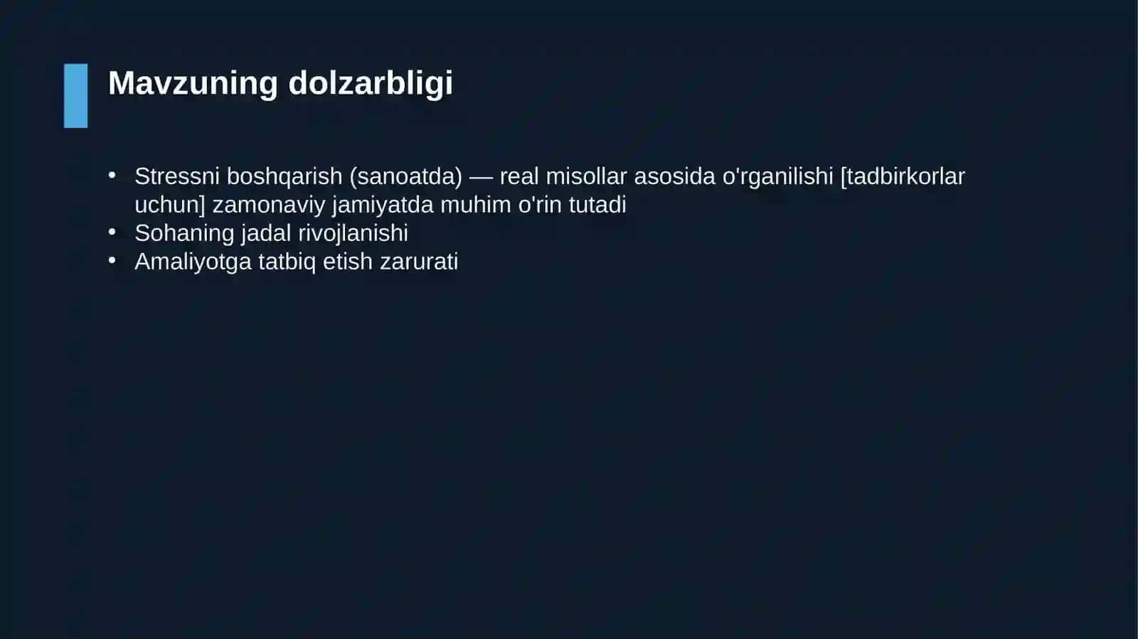 Stressni boshqarish (sanoatda) — real misollar asosida o'rganilishi [tadbirkorlar uchun] 4
