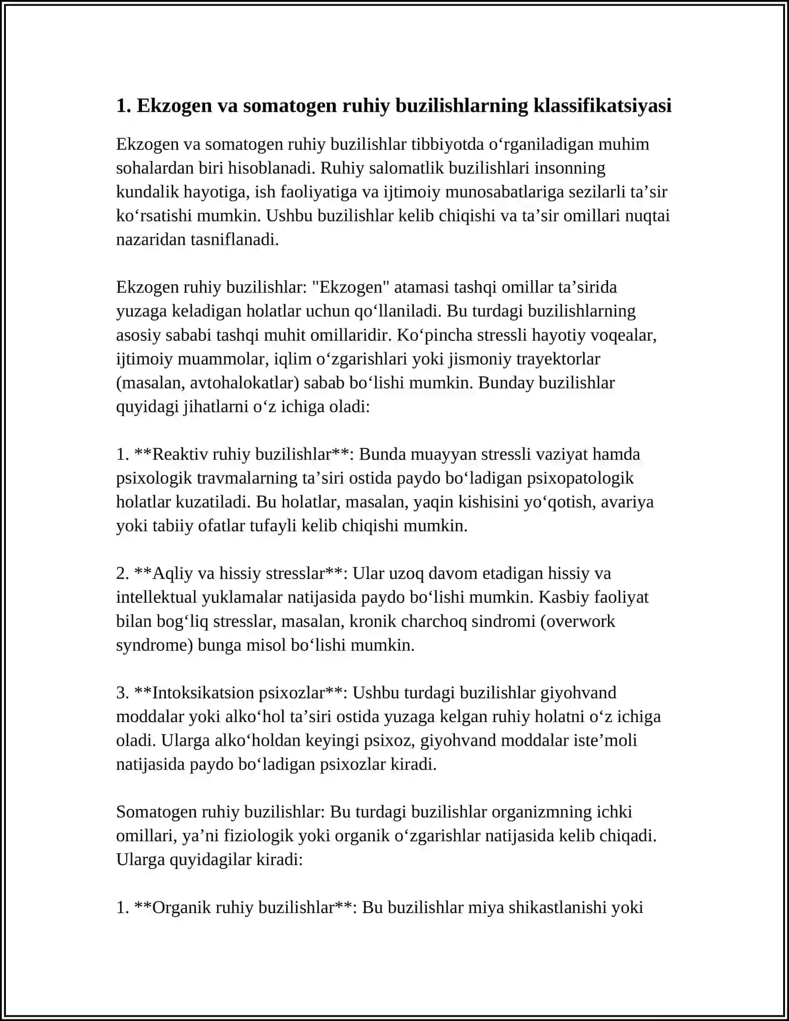 EKZOGEN VA SOMATAGEN KASALLIKLARDAGI RUHIY BUZILISHLAR.ENDOGEN RUHIY KASALLIKLAR: SHIZOFRENIYA BIPOLYAR BUZILISHLAR GERENTOPSIXIATRIYA 4