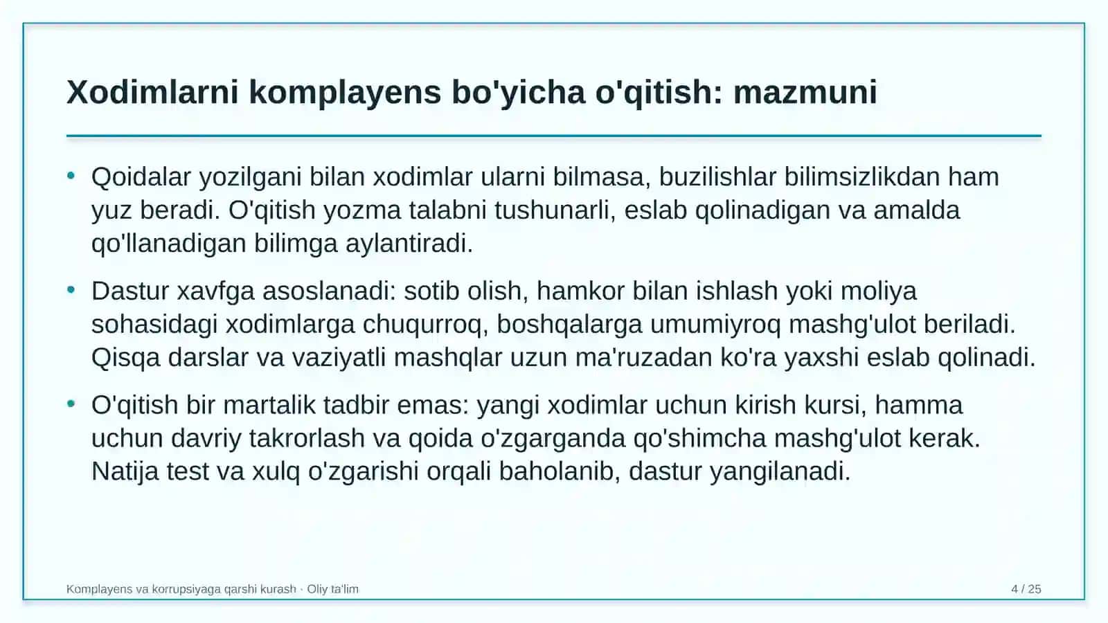 Komplayens va korrupsiyaga qarshi kurash · Oliy ta'lim 4